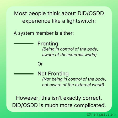 Fronting vs Non-Fronting Most people think about DID/OSDD experience it like a light switch: Fronting (being in control and aware) vs Not Fronting (not being in control and not being aware). However, this isn't exactly correct. DID/OSDD is much more complicated.